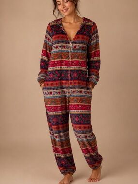 Natural Life Fleece Multicolor Women's Pajama Jumpsuit Floral Boho Small